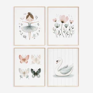 Ballerina, Swan, Flowers & Butterflies Print Set, Pastel Colors Poster, Girl&#39;s Wall Art, Nursery Room Decor, Toddler Room, Digital Download