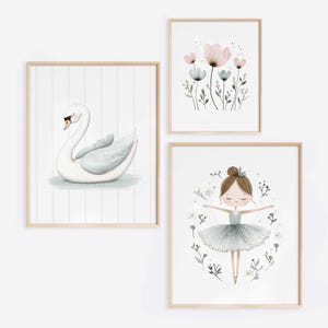 Ballerina, Swan & Flowers Print Set, Ballet Theme Wall Art, Soft Pastel Colors Poster, Girl's Wall Art, Toddler Room Decor, Digital Download
