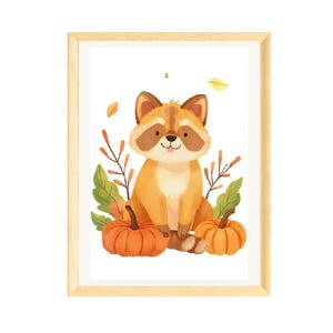 Herbstposter für Kinderzimmer, Babyzimmer Deko, herbstliche Wanddeko, Waschbär mit Kürbissen, saisonale Kinderzimmer Poster