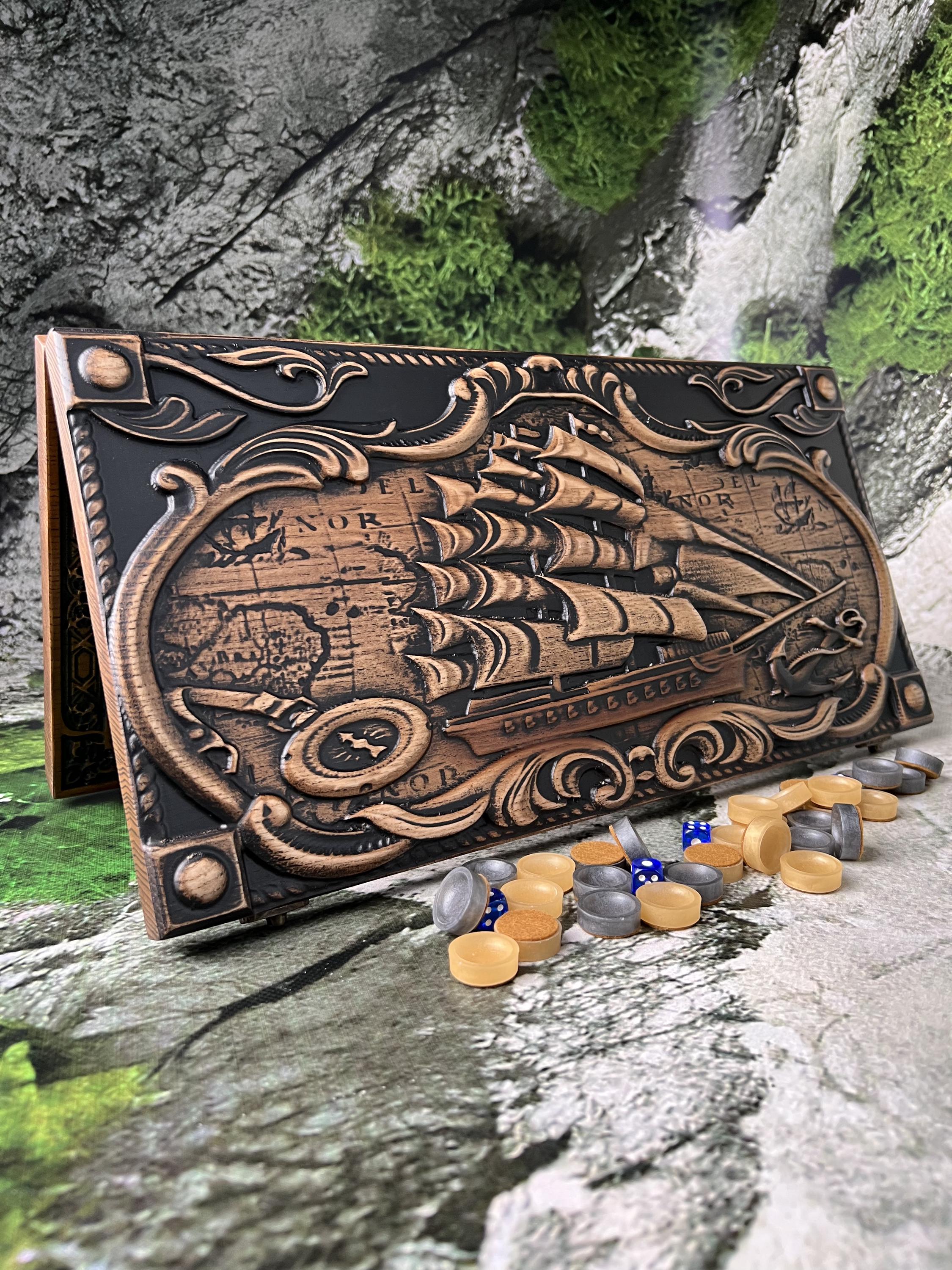 Wooden Backgammon Set with Ship Design, Handmade Nautical Board Game, Luxury Gift for Men, Dad, Sailor, Game Room Decor