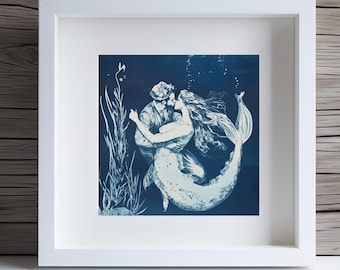 Vintage Mermaid and Sailor Kissing Cyanotype Print (Digital Download)