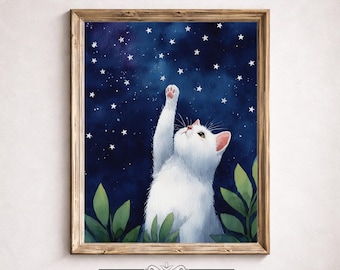 Weiße Katze erreicht Sterne, Aquarell Druck, Kinderzimmer Wand Kunst, Kinderzimmer Dekoration (Digitaler Download)