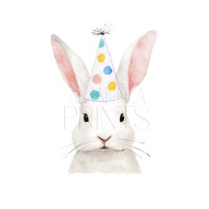 Cute Bunny in Party Hat Birthday Clipart PNG Transparent Digital Instant Download Printable Greeting Card or Invitation for Children