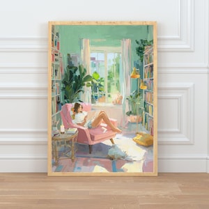 Könnte beinhalten: Ein gerahmter Kunstdruck zeigt eine ruhige Innenszene. Eine Person entspannt sich in einem rosa Sessel und liest ein Buch. Der Raum verfügt über Bücherregale, Pflanzen und ein Fenster, das von sanftem, natürlichem Licht durchflutet wird. Das Kunstwerk hat eine warme Farbpalette.