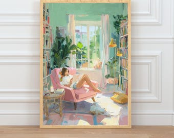 Boho Reading Wall Art Print, Book Lover Poster, Reading Room Artwork (Digital Download)