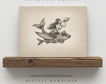 Stampa artistica da parete raffigurante una sirena d'epoca, disegno inciso in stile orizzontale di una sirena marina antica (download digitale)