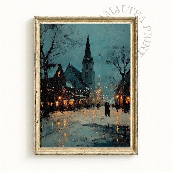 Impresión vintage de mercado navideño: Pueblo nevado en invierno, arte mural, escena romántica al anochecer (descarga digital)