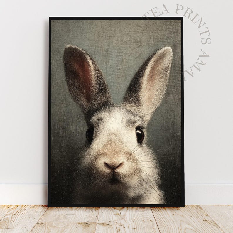 Op de afbeelding: Een ingelijste print met een close-up portret van een konijn. Het konijn heeft grijs en wit haar, grote oren en donkere ogen. De achtergrond is een gedempt grijsgroen, en de print zit in een zwarte lijst. Een decoratief item.