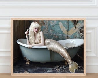 Mermaid Martini Poster – Glam Bathroom Wall Art, Bar Cart Decor (Digital Download)