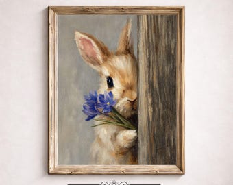 Kunstdruck „Guckendes Häschen“, Ölgemälde mit blauen Blumen, verspielte Kinderzimmerdekoration (Digitaler Download)
