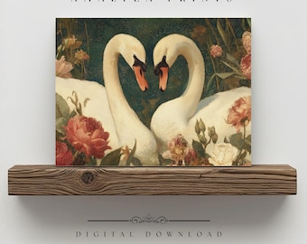 Arte de pared vintage imprimible con cisnes románticos: decoración de San Valentín con pájaros del amor (descarga digital)
