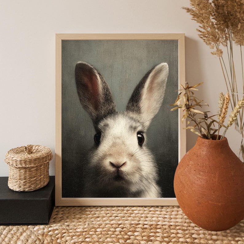 Op de afbeelding: Een ingelijste print met een close-up van het gezicht van een konijn. Het konijn heeft grijs en wit haar, lange oren en donkere ogen. Het kunstwerk is geplaatst tegen een gedempte teal achtergrond, omlijst in licht hout.