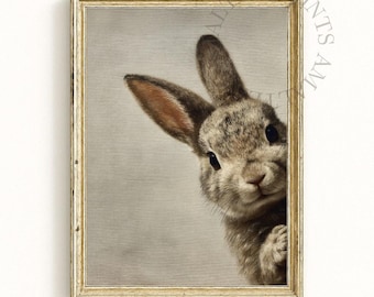 Può includere: Stampa incorniciata con un'illustrazione di un coniglio. Il coniglio ha pelo marrone e grigio, orecchie lunghe e occhi scuri. L'opera d'arte è presentata in una cornice dorata, conferendole un aspetto vintage.