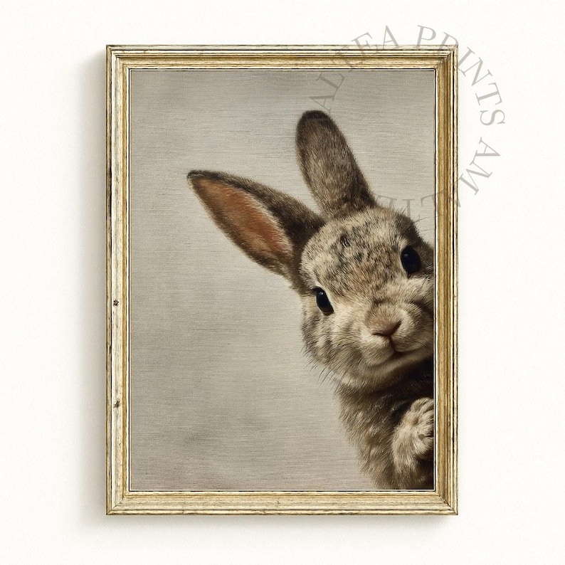 May include: A framed print featuring a detailed illustration of a rabbit. The rabbit has brown and gray fur, with long ears and dark eyes. The artwork is set in a gold-colored frame, creating a vintage aesthetic.
