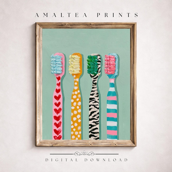 Colorful Toothbrush Art Print, Maximalist Kids' Bathroom Decor (Digital Download)