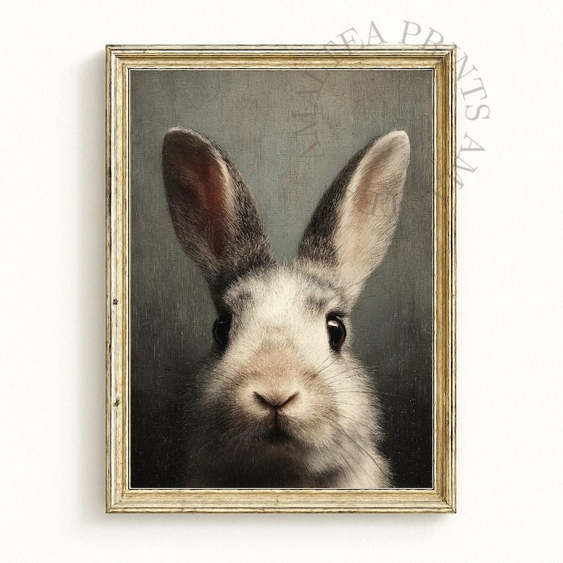 Op de afbeelding: Een ingelijst portret van een konijn met grijs en wit haar, grote oren en donkere ogen. Het kunstwerk heeft een vintage esthetiek, met een goudkleurige lijst en een gedempte achtergrond.