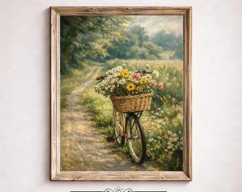 Vintage Bicycle Print Spring Wall Art, Cottagecore Floral Landscape, Farmhouse Rustic Decor (Digital Download)