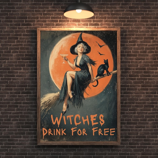 Witches Drink for Free Vintage Print: Retro Halloween Bar Cart Decor (Digital Download)