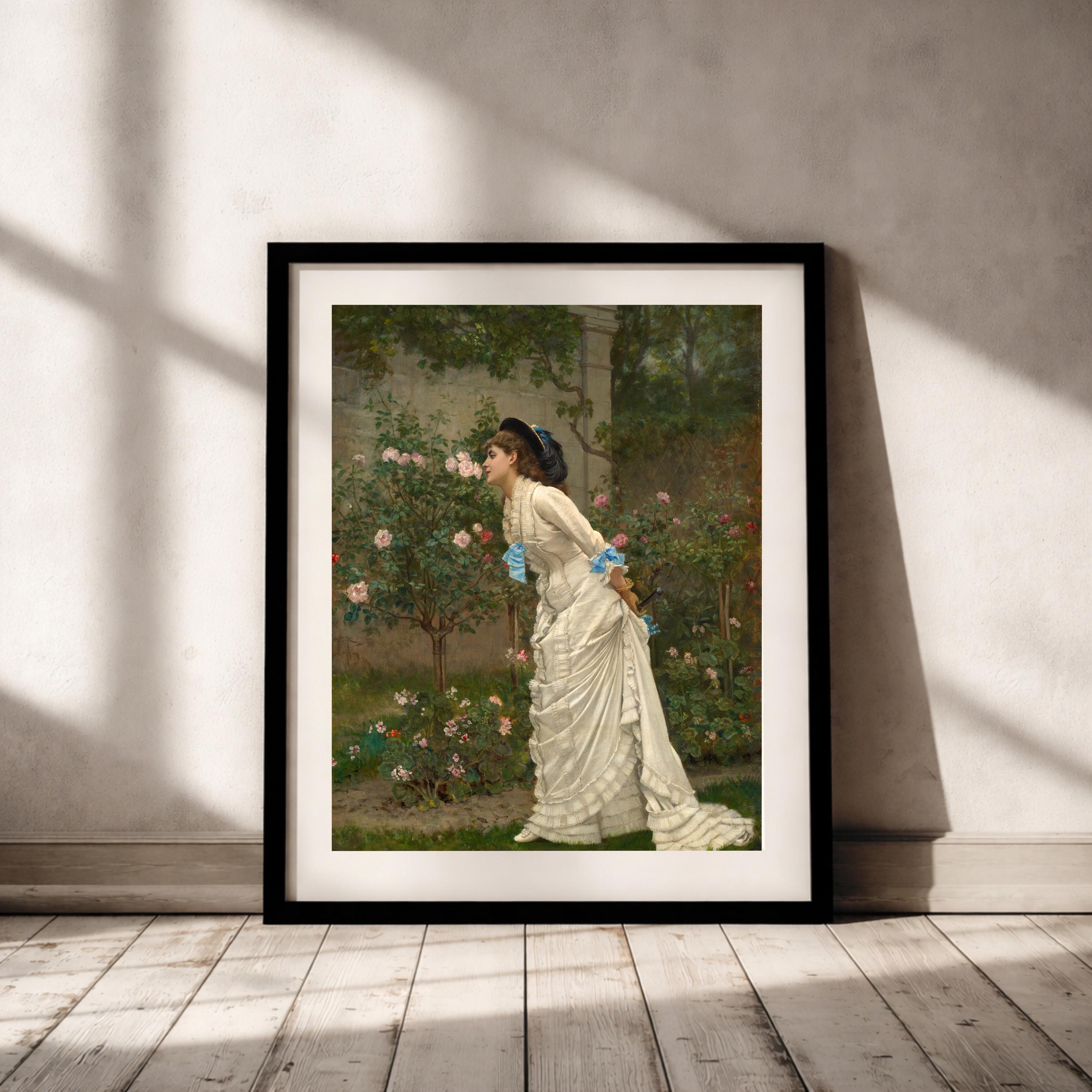 Vintage Woman in Rose Garden Painting, Romantic Antique Floral Art ...