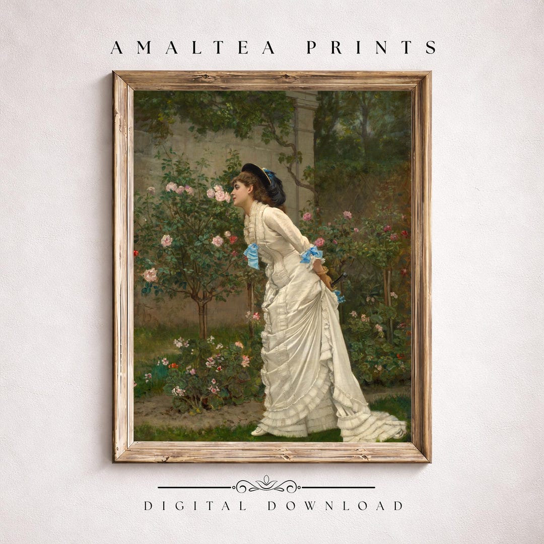 Vintage Woman in Rose Garden Painting, Romantic Antique Floral Art ...