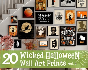 Könnte beinhalten: Eine Galeriewand mit 20 gerahmten Halloween-Kunstdrucken. Die Drucke zeigen gruselige Themen wie Geister, Hexen und Kürbisse. Texte beinhalten "Stay Spooky", "Spooky Season" und "Happy Halloween". Die Sammlung trägt den Titel "Wicked Halloween Wall Art Prints vol. 2".