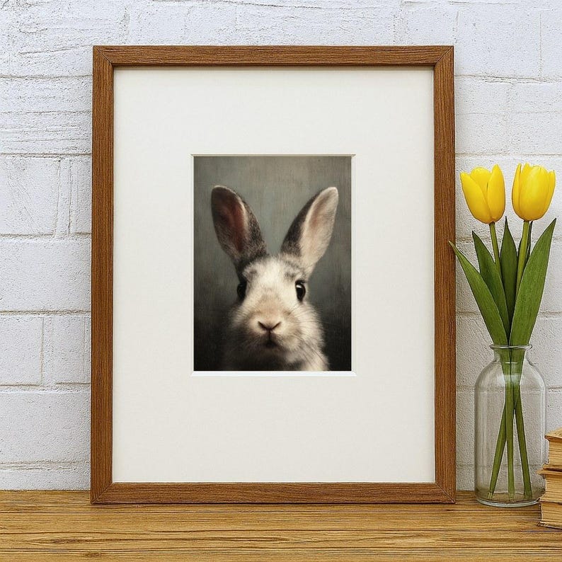 Op de afbeelding: Een ingelijste kunstdruk met een close-up van het gezicht van een konijn. Het konijn heeft grijs en wit haar, met lange oren. De print staat in een bruine houten lijst met een witte passe-partout. Twee gele tulpen in een glazen vaas rechts.