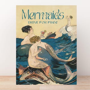 Meerjungfrauen Drink Free Jugendstil Poster: Vintage Barwagen-Dekor (Digitaldruck)