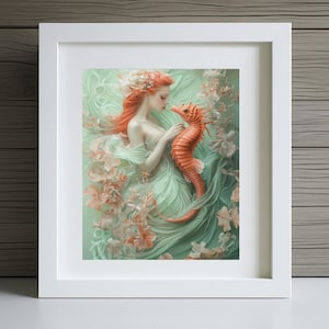 Seahorse Art Print – Fantasy Woman with Coral Seahorse, Underwater Digital Wall Art, Dreamy Ocean Decor, Digital Download Portrait