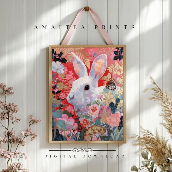 Vibrant Floral Bunny Wall Art, Whimsical Gold Leaf Rabbit
