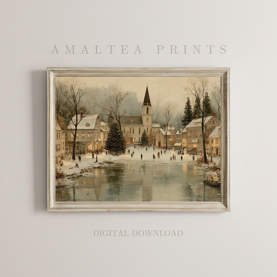 Winter Village Square Vintage Print – Snowy Christmas Landscape Art ...