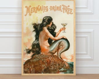 Vintage Mermaid Bar Cart Decor Print - Mermaids Drink Free  (Digital Download)