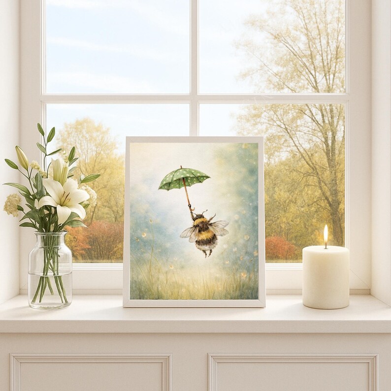 K&ouml;nnte beinhalten: Ein gerahmter Kunstdruck mit einer Illustration einer Hummel, die einen gr&uuml;nen Regenschirm mit wei&szlig;en Punkten h&auml;lt und in einer vertr&auml;umten, sonnendurchfluteten Wiese schwebt. Das Kunstwerk steht auf einer Fensterbank neben einer Vase mit wei&szlig;en Blumen und einer brennenden Kerze.