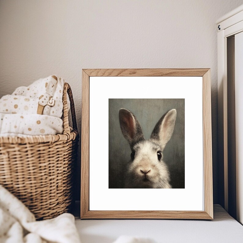 Op de afbeelding: Een ingelijste print met een close-up van een konijn. Het konijn heeft grijs en wit haar, lange oren en donkere ogen. De print zit in een licht houten frame, de achtergrond is grijs.