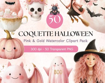 Coquette Pink Watercolor Halloween Clipart Bundle – 50 PNGs (Digital Download)