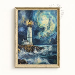 Moody Lighthouse Wall Art Printable Oil Painting Light house Print, Coastal Decor Nautical Decor, Beach House Ocean Seascape Wall Art