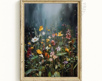 Wildflower Field Wall Art – Moody Botanical Vintage Print, Dark Green Floral Print (Digital Download)