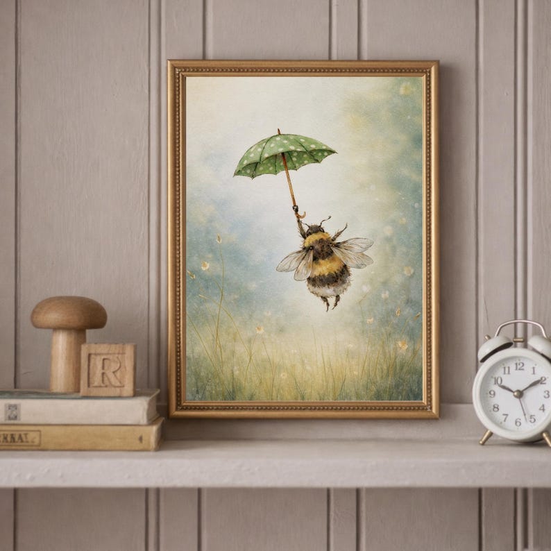 K&ouml;nnte beinhalten: Ein gerahmter Kunstdruck zeigt eine skurrile Illustration einer Hummel, die einen gr&uuml;nen Regenschirm mit wei&szlig;en Punkten h&auml;lt und &uuml;ber einem Feld mit Wildblumen schwebt. Das Kunstwerk ist in einem goldenen Rahmen gefasst und verleiht der naturnahen Szene einen Hauch von Eleganz.