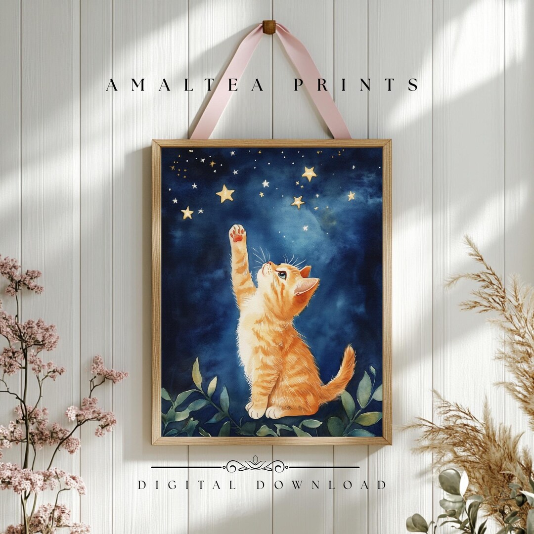 Ginger Cat Wall Art, Kitten Nursery Watercolor Print, Whimsical Animal ...