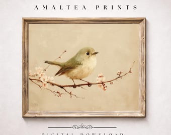 Vintage Bird Painting, Cottagecore Neutral Wall Art, Farmhouse Decor, Nursery Horizontal Print  (Digital Download)