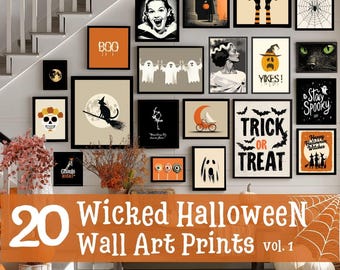 May include: A collection of 20 framed Halloween wall art prints. The prints feature various spooky illustrations, including ghosts, witches, bats, and pumpkins. The color palette includes black, orange, and white. Text on the prints includes "Trick or Treat" and "Stay Spooky".