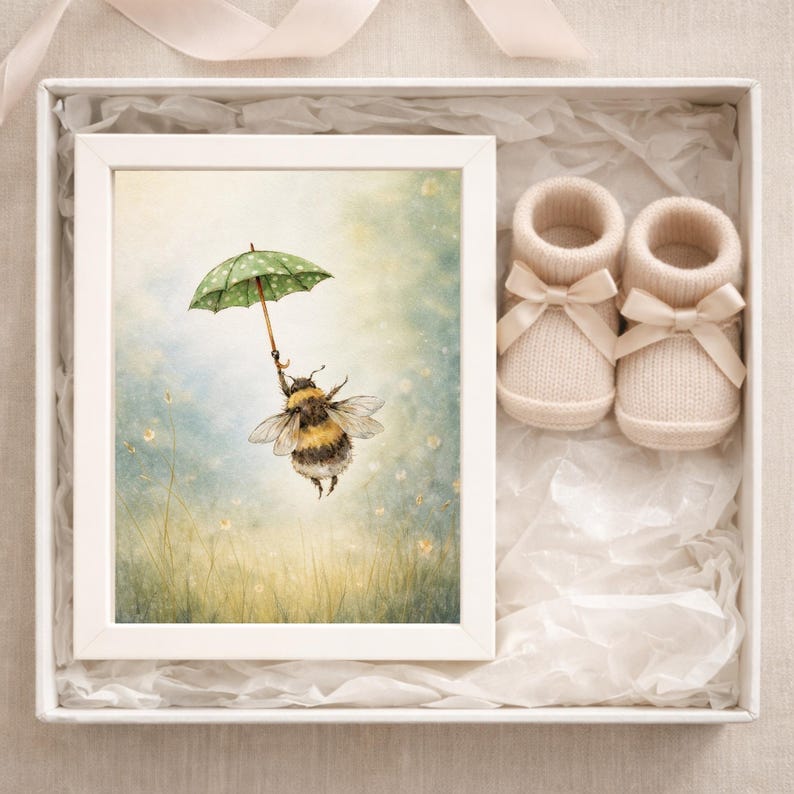 K&ouml;nnte beinhalten: Eine wei&szlig;e Geschenkbox mit einem gerahmten Aquarelldruck und Baby-Booties. Der Druck zeigt eine Hummel mit einem gr&uuml;nen, gepunkteten Regenschirm. Die Booties sind beige gestrickt mit Schleifen. Die Box ist mit Seidenpapier ausgekleidet.