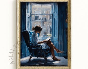 Blue Room Woman Reading Wall Art Print, Book Lover Decor (Digital Download)