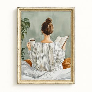 Frau mit Kaffee Morgens lesen Wand Kunst Geschenk für Buch Liebhaber Dekor (digitaler Download)