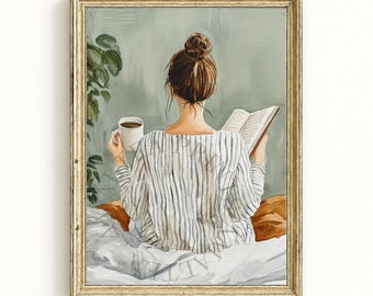 Woman with Coffee Morning Reading Wall Art Gift for Book Lover Decor (Digital Download)