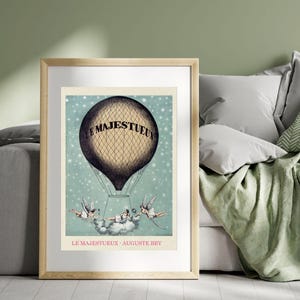 Póster del globo Le Majestueux – Arte vintage francés de globos aerostáticos / Lámina de hadas de Auguste Bry, 1852 / Decoración de pared aérea de París restaurada