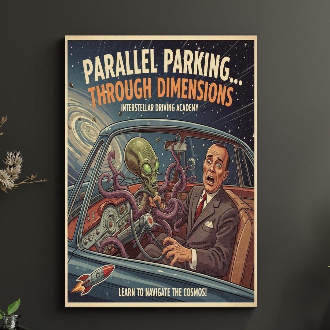 Alien Poster Funny Retro Sci-fi Print – Alien Driving Lesson Wall Art ...