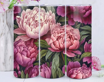 Peony Wrap Sublimation Design, 20 oz Skinny Tumbler Floral Design Template, Pink & Purple Flower Tumbler Wrap Design