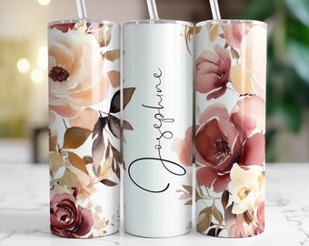 Add Your Name Rose & Cream Floral Sublimation Tumbler Design, Personalized Sublimation Template, 20oz Skinny Tumbler Digital Download PNG