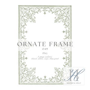 May include: An ornate frame design with a sage green border and decorative floral elements. The text "ORNATE FRAME" is at the top, with "049" and "PNG" below. The image also lists five PNG color options: black, white, sage, and blue pink.