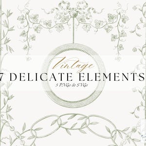 Puede incluir: Un elegante diseño digital con las palabras "Vintage" y "7 Delicate Elements" en una fuente decorativa. El diseño incluye detalles florales y de cinta en un suave tono verde, con un marco circular en el centro.